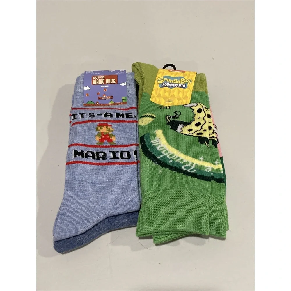 Super Mario Bros & SpongeBob SquarePants Crew Socks Size 6-10‎ 4 Pairs Total